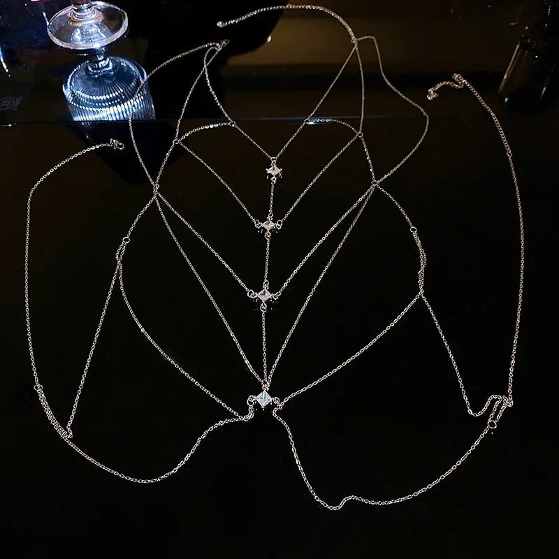 Luxury Square Crystal Chest Chain for Women Multilayer Silver Color Metal Beads Zircon Body Chain Sexy Beach Bikini Jewelry Gift