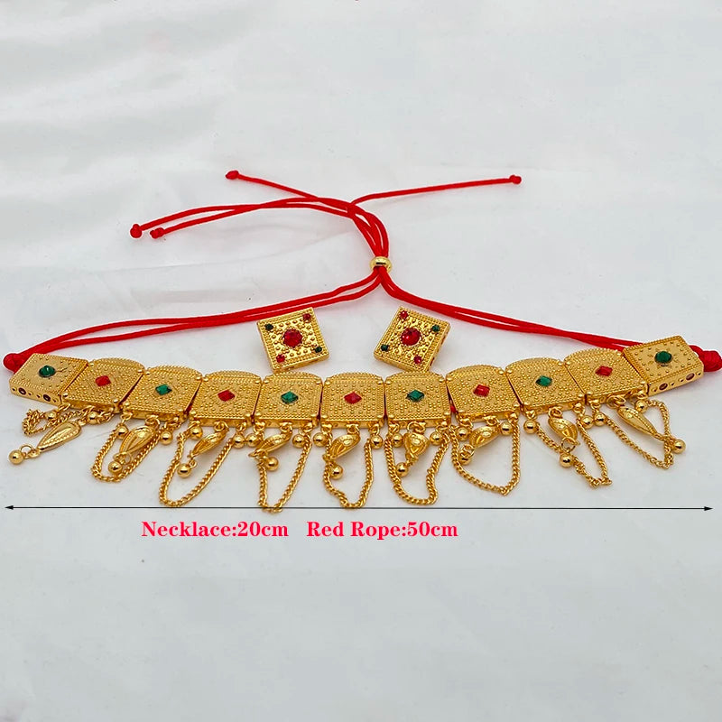 24k Habesha Necklace Earrings Dubai Jewelry sets for Women Saudi Arabia Colored Stone Chokers Rope African Wedding Eritrean Gift