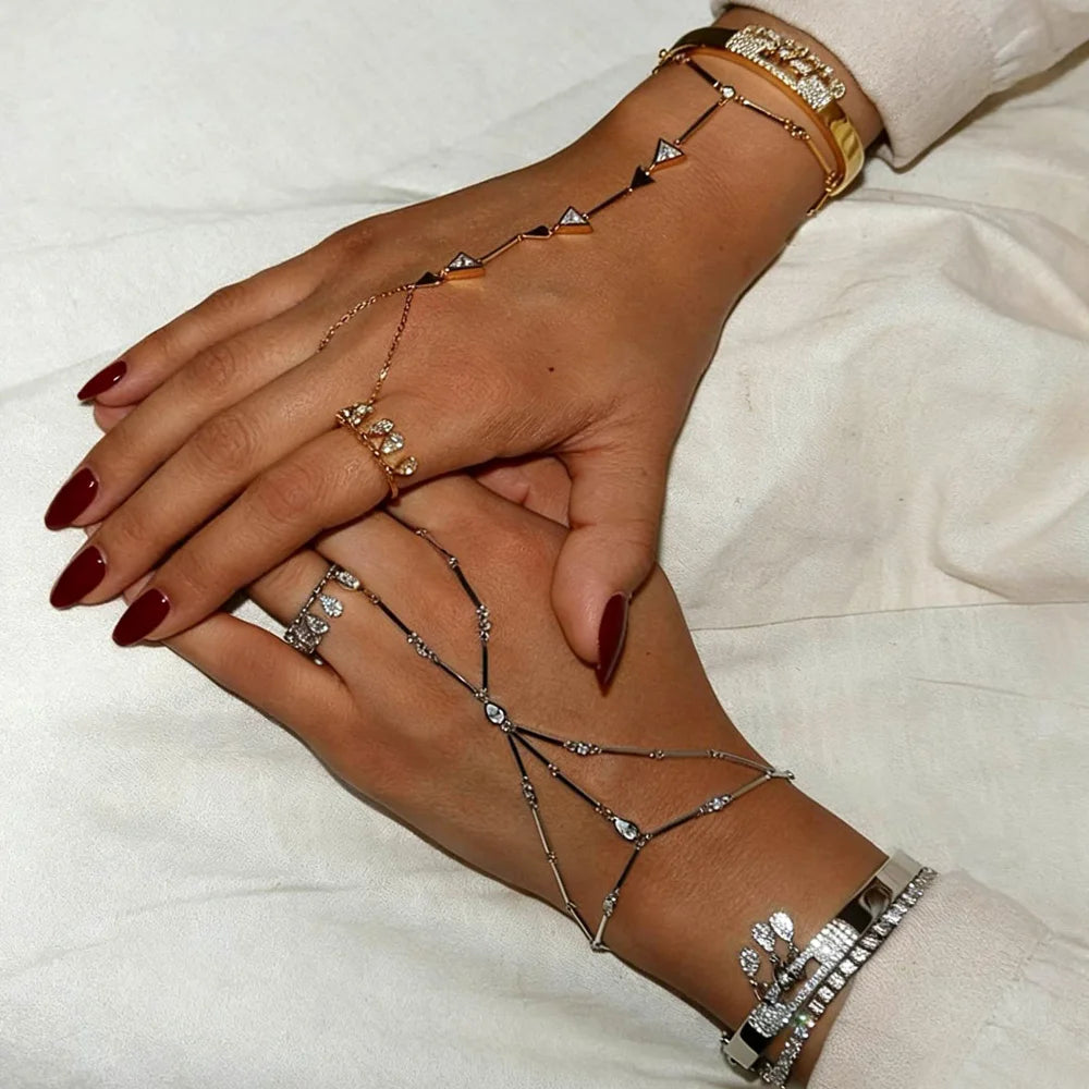2025 New Micro Pave Clear CZ Tassel Hand Chain Bracelet Gold Color With Round CZ Station Double Chain Fashion Women Jewelry