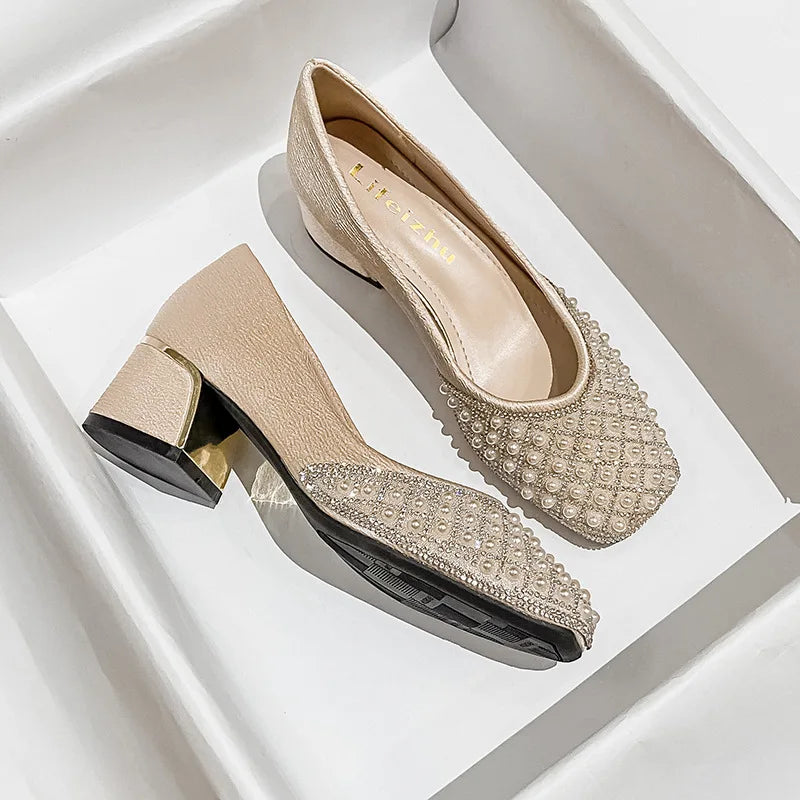2025 Spring Summer Women Fashion Pumps New OL Party Square Casual High Heels Shoes Ladies Rhinestone Pearl Loafers 35-43