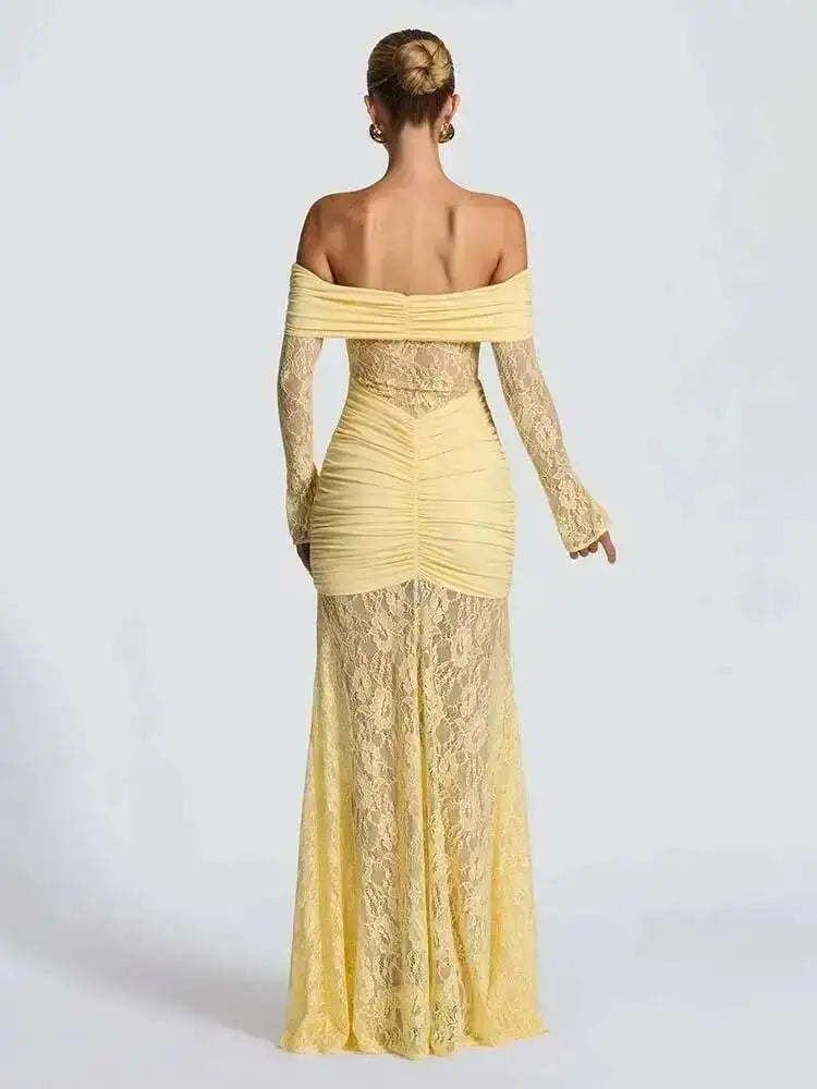 Townlike Pleated Slim Bodycon Maxi Long Dress Women Off Shoulder 2025 Autumn Winter Dress Lace Patchwork Sexy Party Dresses