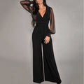 Fashion Deep V-neck Long-sleeved Waist Jumpsuit For Women Elegant Solid Color Lace Lantern Sleeves Loose Casual Jumpsuit Female