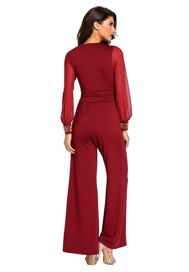 Fashion Deep V-neck Long-sleeved Waist Jumpsuit For Women Elegant Solid Color Lace Lantern Sleeves Loose Casual Jumpsuit Female
