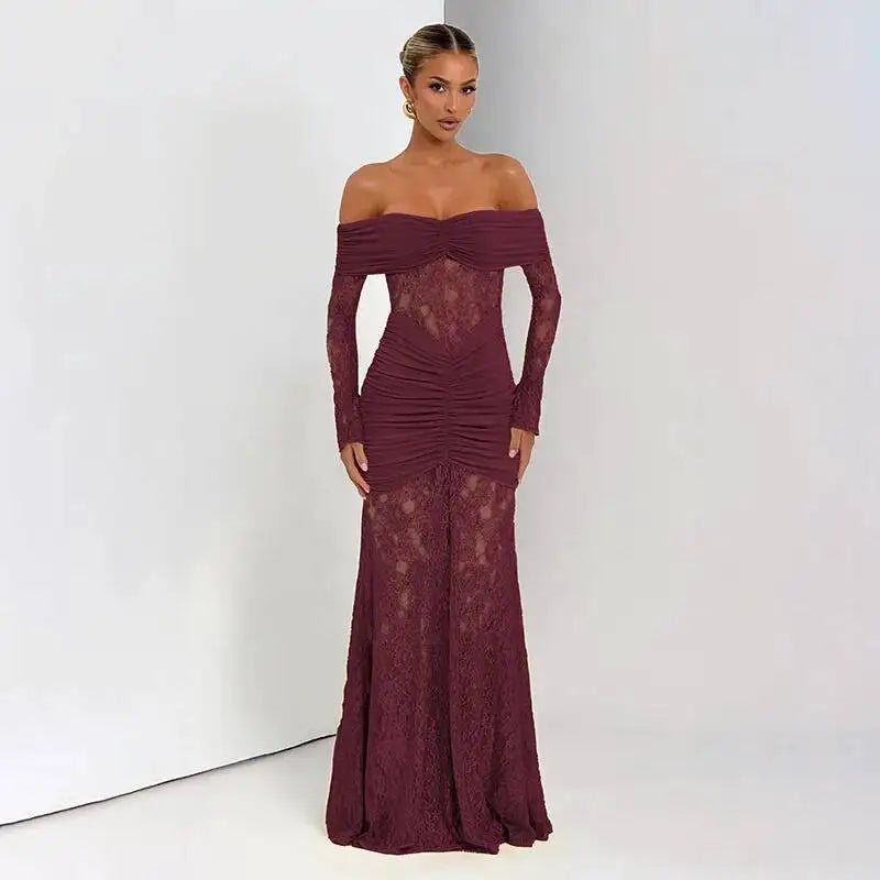 Townlike Pleated Slim Bodycon Maxi Long Dress Women Off Shoulder 2025 Autumn Winter Dress Lace Patchwork Sexy Party Dresses
