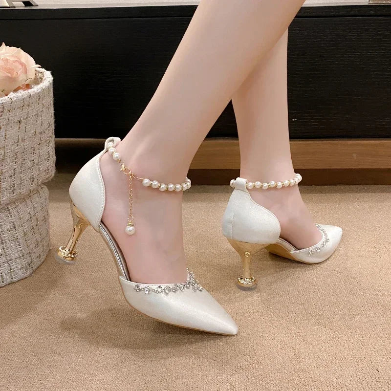 Pointed Toe Baotou Sandals Women's 2025 New Stiletto Hollow Single Shoes Versatile Pearl Strap Women's Shoes