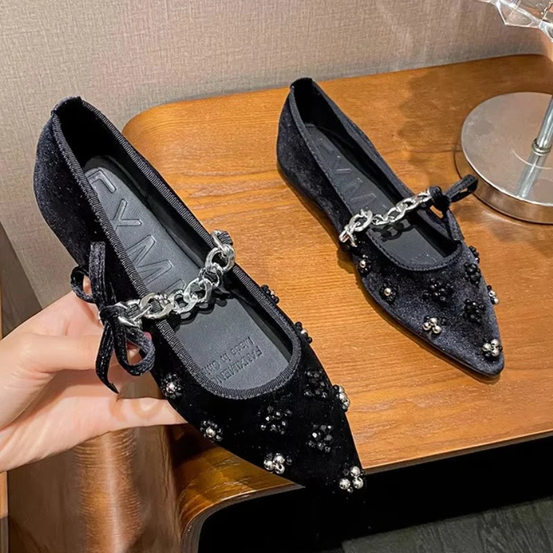 Metal Chain Design Pointed Toe Ballet Shoes Women Luxury Rhinestone Decoration Flats Mary Jane Shoes Fashion Banquet Dress Shoes