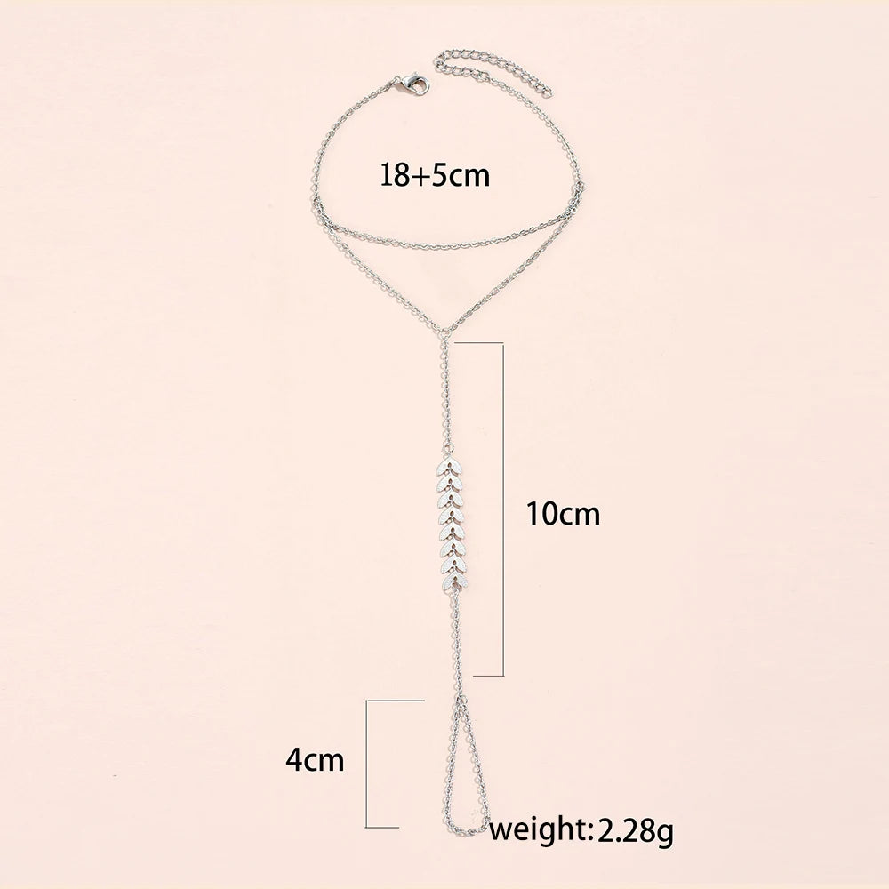 Simple Heart Pendant Chain Bracelet Link Connected Gold plated Wide Finger Ring Bracelets for Women Link Hand Harness Jewelry