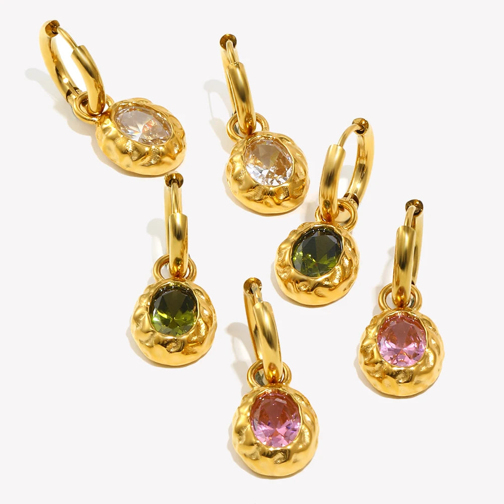 E.B.belle Colorful Zircon Stone Hoop Earring Hammered Pattern Oval Earrings Stainless Steel Gold Plated For Women's Gift