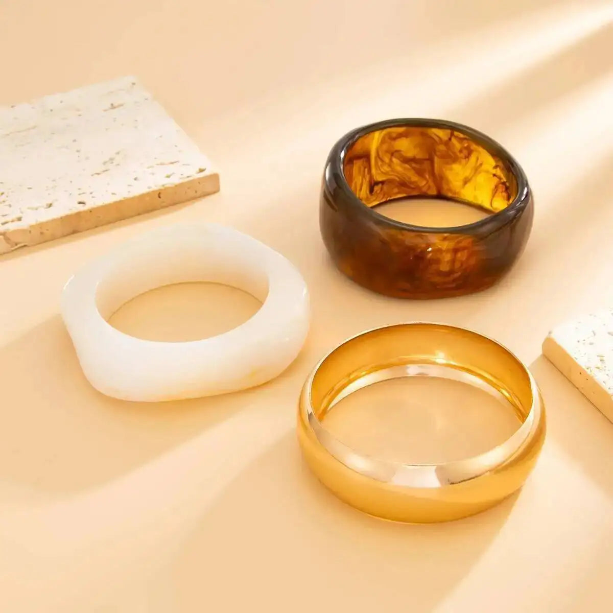 IngeSight.Z 3 Styles Trendy Exaggerated Resin Wide Bangles for Women Punk Gold Color Geometric Heavy Metal Bracelets Men Jewelry