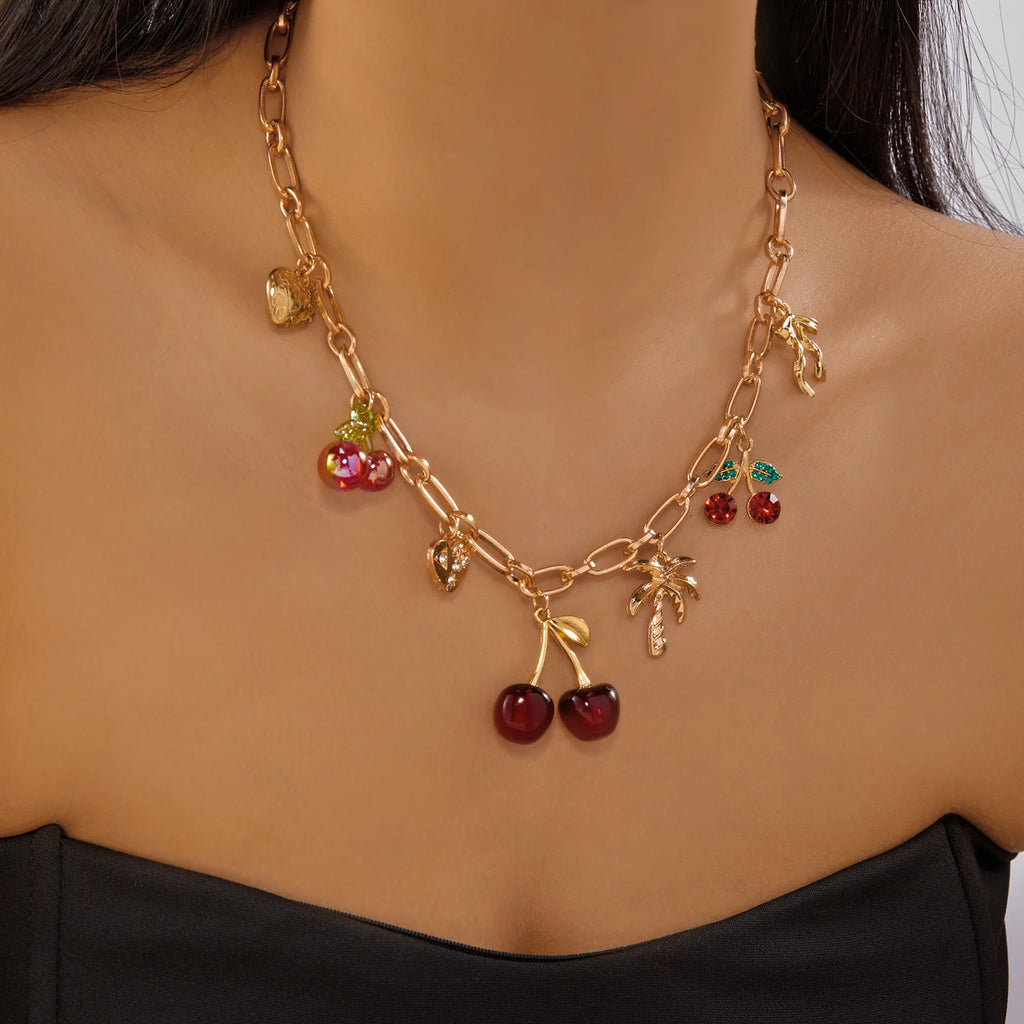 2026 Fashion Charm Cherry Heart Pendant Necklace for Women Red Strawberry Bow Pearl Clavicle Chain Aesthetic Party Jewelry