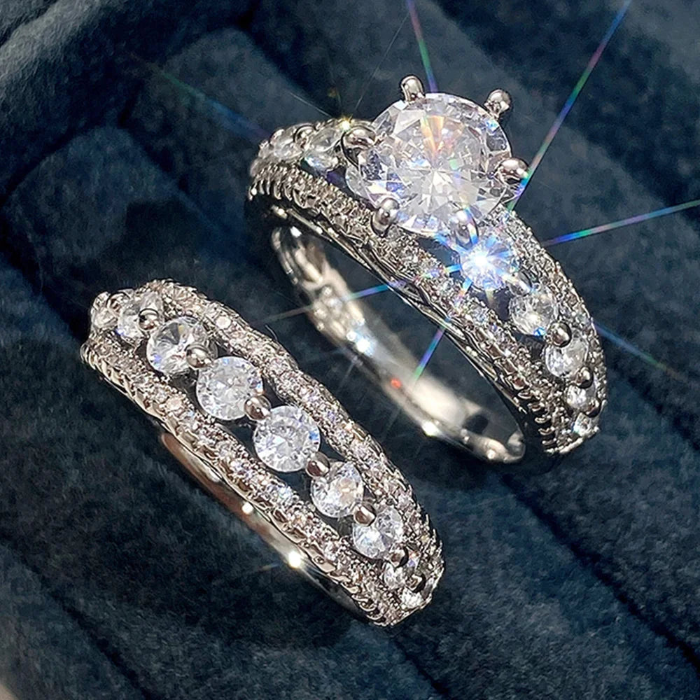 Huitan Set Lady Rings Luxury Wedding Engagement Party Finger Accessories Inlaid Shining Cubic Zirconia Graceful Fashion Jewelry