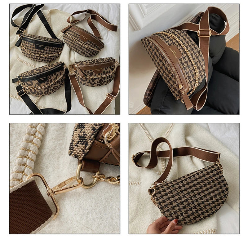 New Fashion Leopard Women Waist Bag Female Phone Purses Ladies Chest Wide Strap Crossbody Shoulder Bags Small Chain Fanny Packs