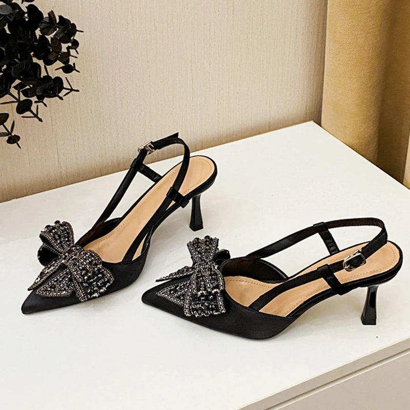 Aneikeh Pointed Toe Women Pumps Designer Crystal Butterfly-knot Elegant Slingbacks Buckle Strap High Heels Wedding Shoes