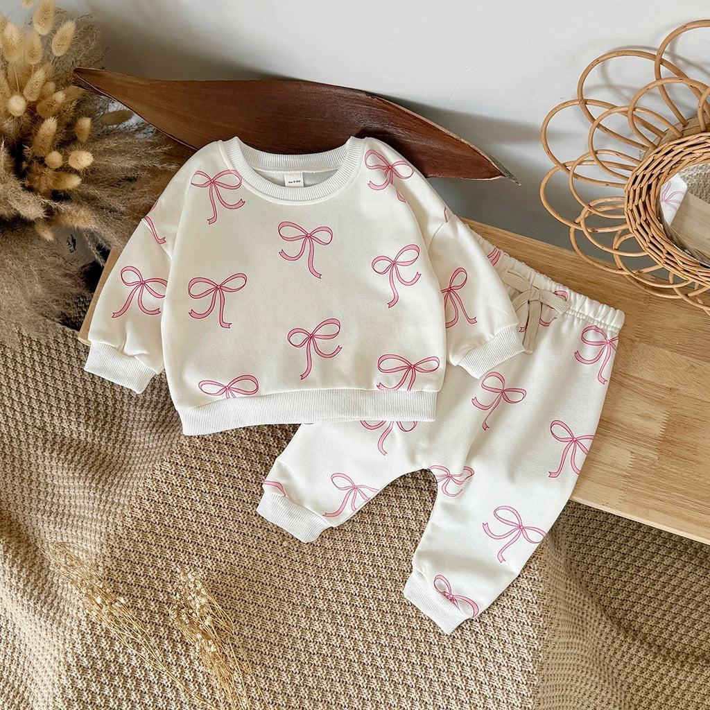 2PCS Spring Autumn New Comfortable Sweet Cute Bow Print Long Sleeves O-neck Pullover+Pant Baby Clothes for Newborn