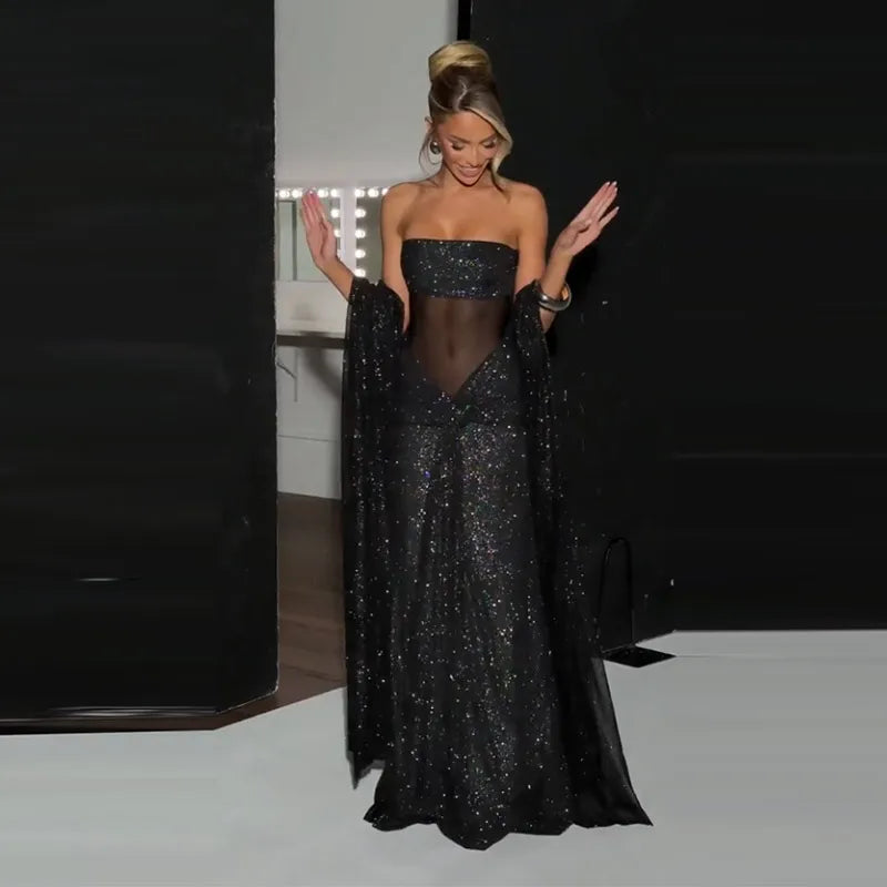 Elegant Ribbon Sequined Long Knotted Dress Sleeveless Strapless See Through Pleated Dresses 2026 Spring Lady Party Evening Robes