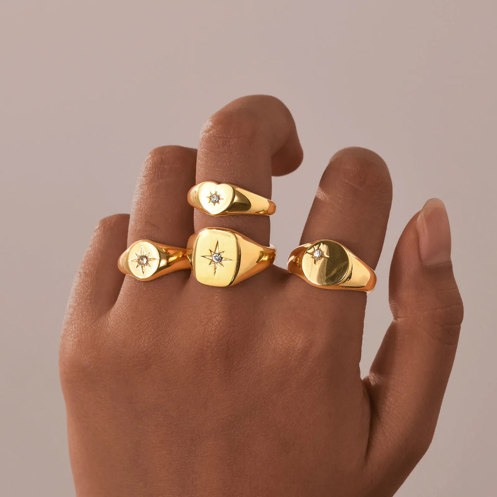 Stainless Steel Sunshine Signet Pinky Ring, Cubic Zirconia Inlay Ring Gold Plated, Non-Tarnish Fashion Jewelry