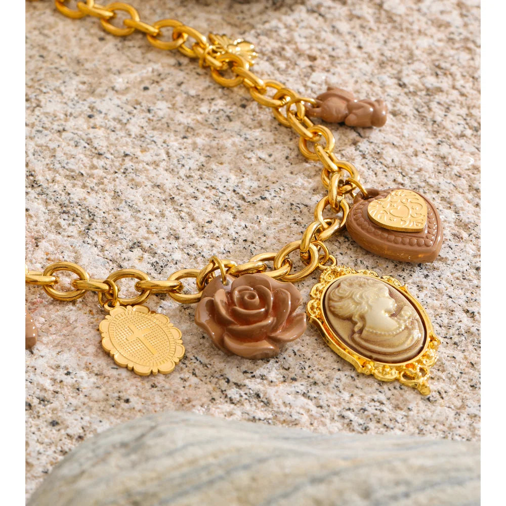 Yhpup New Arrivals Resin Flower Heart Portrait Drop Statement Necklace for Women 18K Golden PVD Plated Charm Exclusive Jewelry