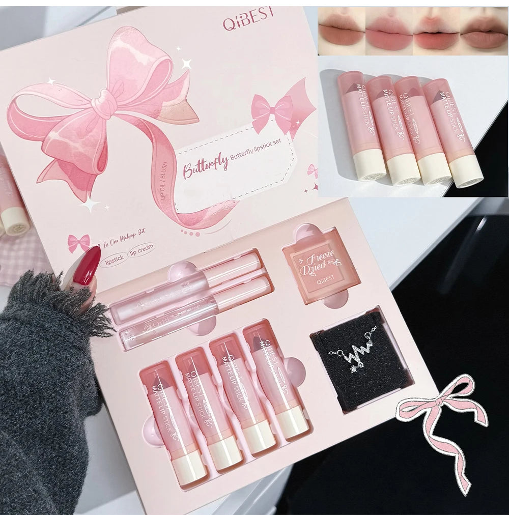 7Pcs/Box Makeup Sets 4PCS Velvet Nude Liquid Lipstick,1 Lip Cream,1 Lip Oil,1 Face Blush Palette And Necklace Gift Cosmetic Kits