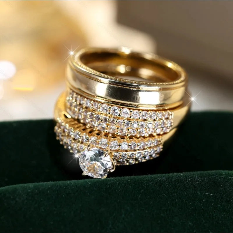 Luxury Crystal Female Zircon Round Stone Rings Set Vintage Gold Color Bridal Engagement Wedding Jewelry for Women