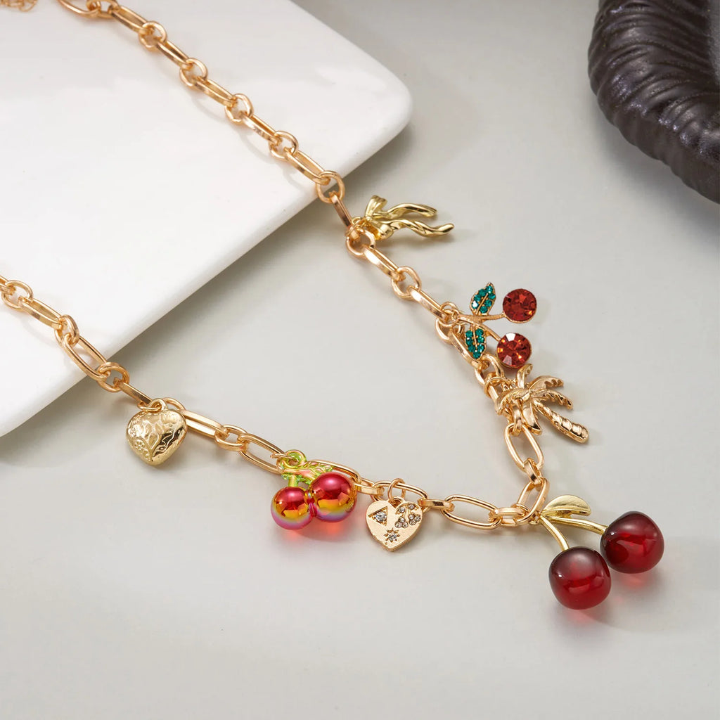 2026 Fashion Charm Cherry Heart Pendant Necklace for Women Red Strawberry Bow Pearl Clavicle Chain Aesthetic Party Jewelry