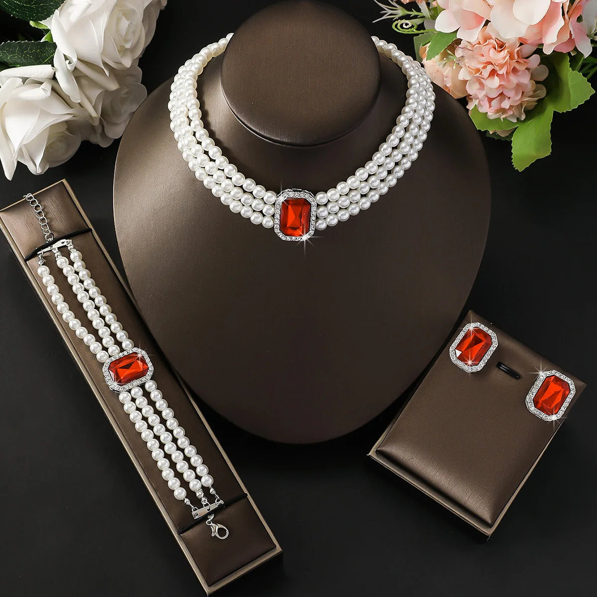 4PC Women's Fashion Light Luxury Short Style Imitation Pearl Turquoise Necklace Earrings Bracelet Jewelry Set Party Festival Gif