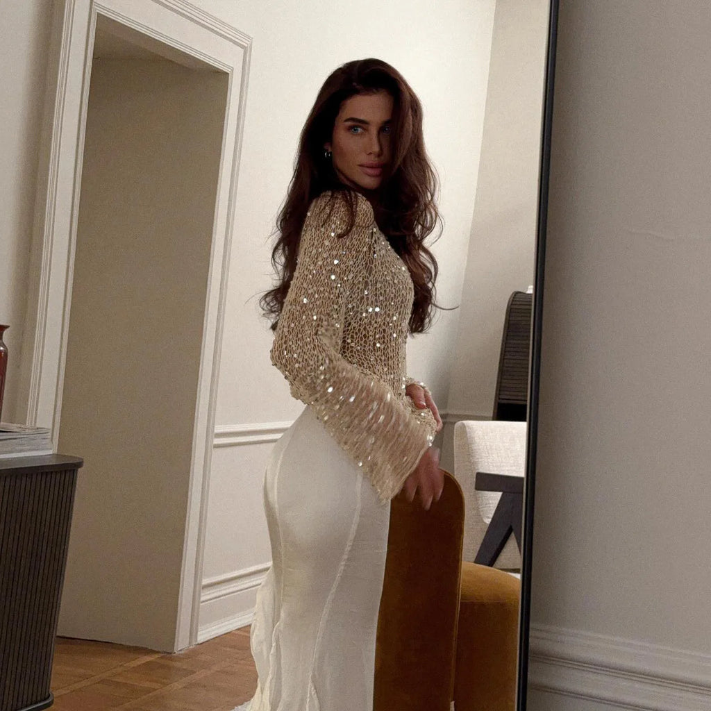 Sequined Knitting O-neck Pullover Women Elegant Hollow Out Design Long Sleeve 2025 Spring Evening Party Tops for Ladies