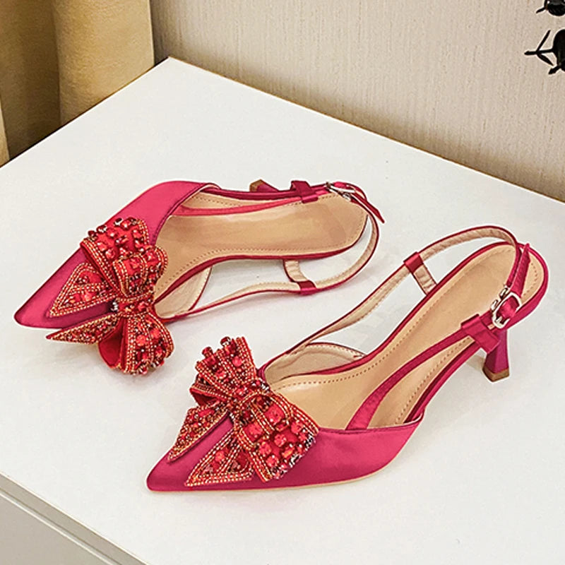 Aneikeh Pointed Toe Women Pumps Designer Crystal Butterfly-knot Elegant Slingbacks Buckle Strap High Heels Wedding Shoes