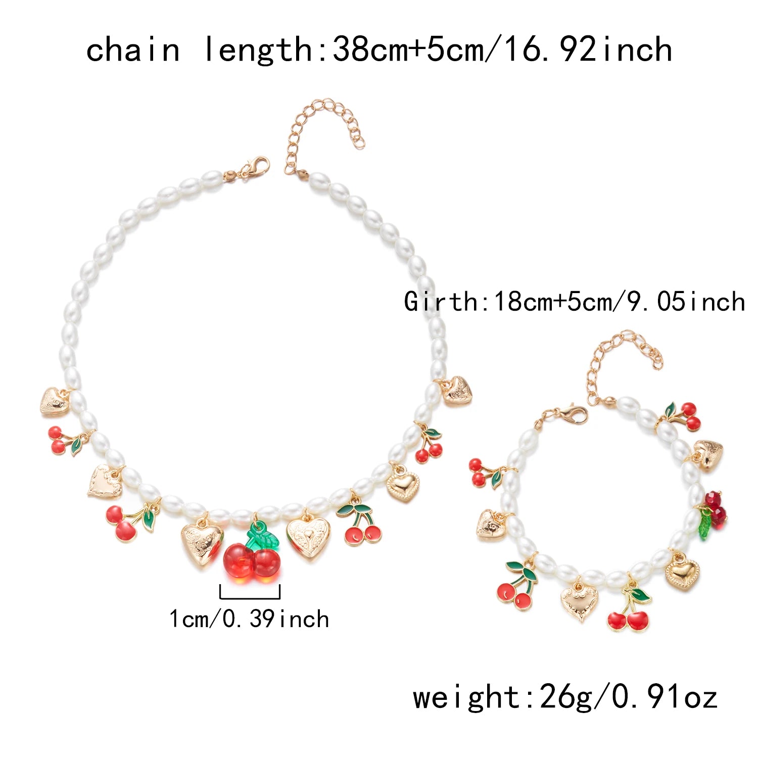 Dainty Sweet Fruit Cherry Heart Charms Pendant Necklace For Women Elegant Imitation Pearl Choker Neck Chain Jewelry Party Gift