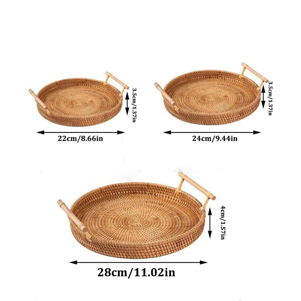 Woven Rattan Storage Basket with Strap Handle round Tray for Bread Snacks Fruits Picnic - Home Organization Basket