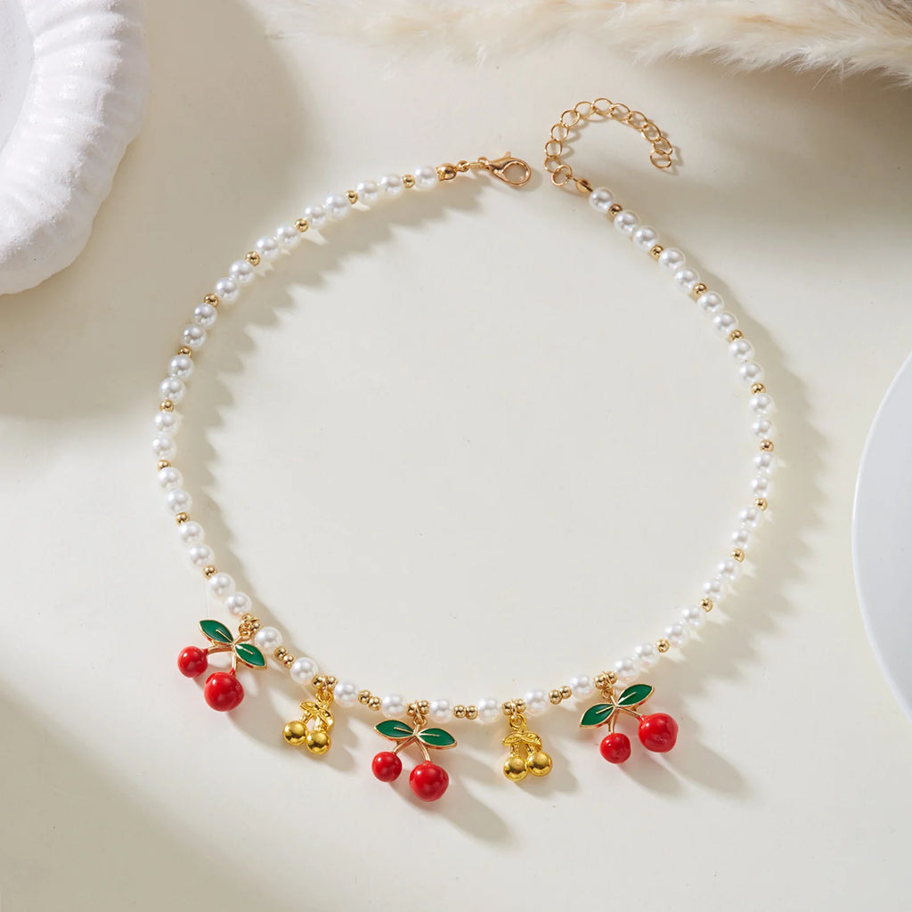 Dainty Sweet Fruit Cherry Heart Charms Pendant Necklace For Women Elegant Imitation Pearl Choker Neck Chain Jewelry Party Gift