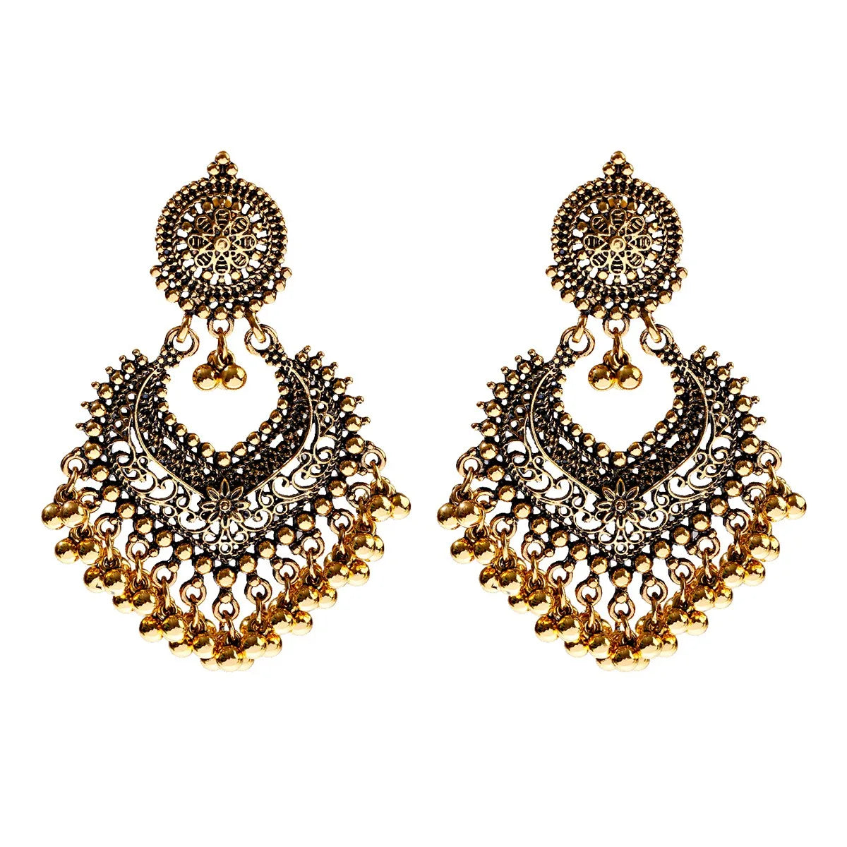 Boho Gold Color Heart Shape Carved Flower Dangle Earrings for Women Indian Jhumka Earrings