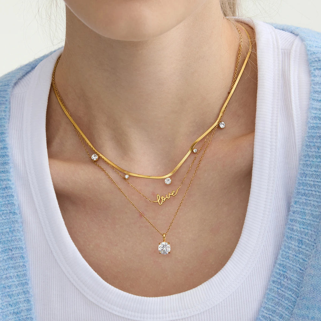 Uworld Minimalist White Zircon Geometric Pendant O-Chain Necklace Stainless Steel Stackable Chain Heart Pendant Necklace Women's