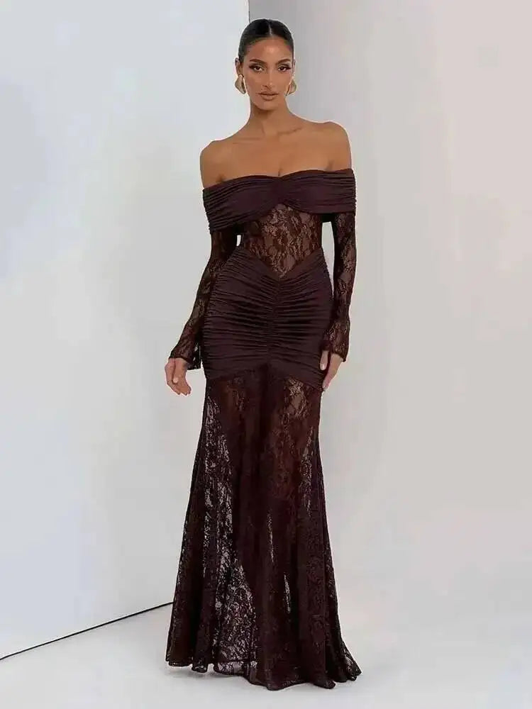 Townlike Pleated Slim Bodycon Maxi Long Dress Women Off Shoulder 2025 Autumn Winter Dress Lace Patchwork Sexy Party Dresses