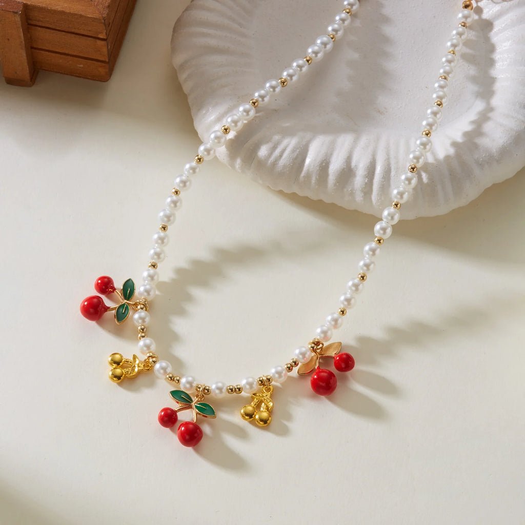 Dainty Sweet Fruit Cherry Heart Charms Pendant Necklace For Women Elegant Imitation Pearl Choker Neck Chain Jewelry Party Gift