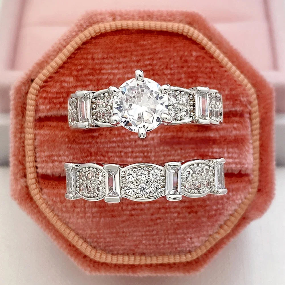 Huitan Set Lady Rings Luxury Wedding Engagement Party Finger Accessories Inlaid Shining Cubic Zirconia Graceful Fashion Jewelry
