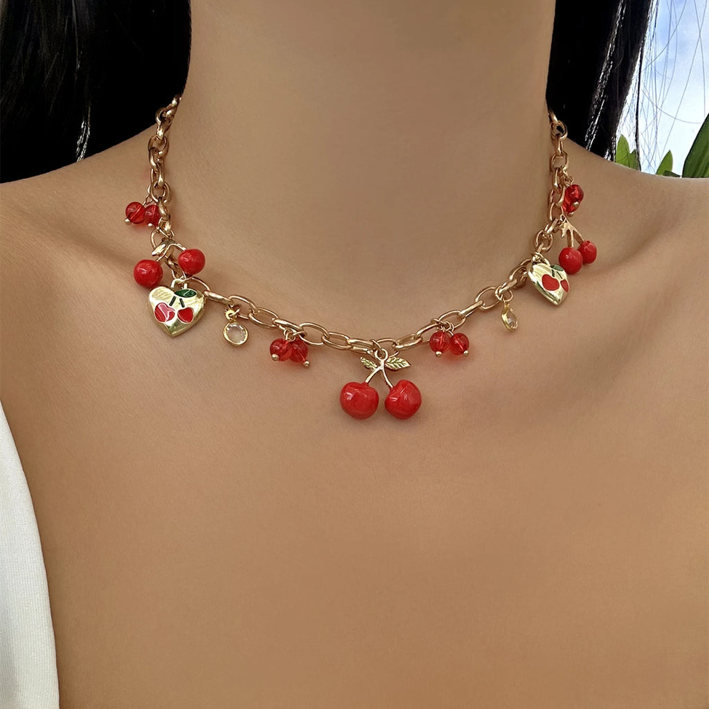 2026 Fashion Charm Cherry Heart Pendant Necklace for Women Red Strawberry Bow Pearl Clavicle Chain Aesthetic Party Jewelry