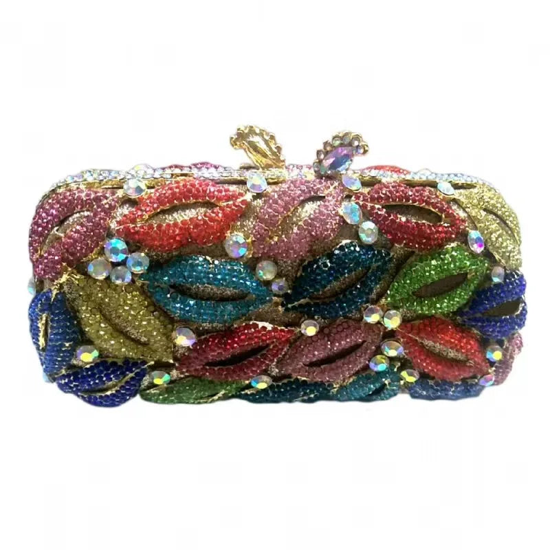 Women Multi Pink Lips Crystal Cocktail Clutch Purse Wedding Bridal Banquet Dinner Evening Bag Diamond Birthday Party Handbag