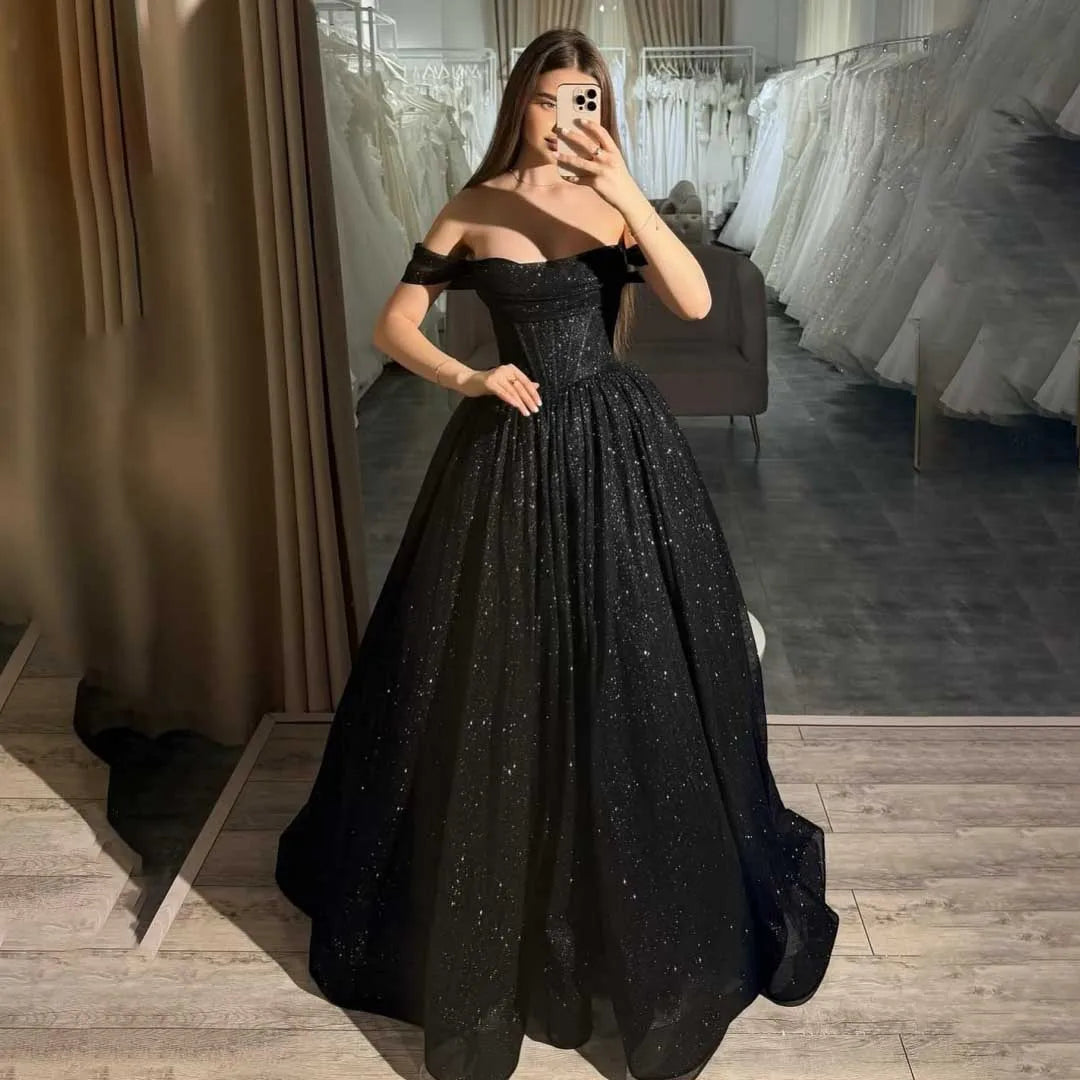 Glitter Off the Shoulder Tulle Evening Dresses Boat-neck A-line Ruched Plain Prom Dress Luxurious Long Formal Party Ball Gowns