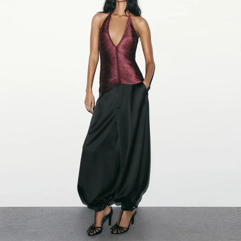 Fashion Chic Tassel Design Short Top Women Off-shoulder Backless Solid Halter Strap Tops New Trendy Clothes High Street Y2k Vest