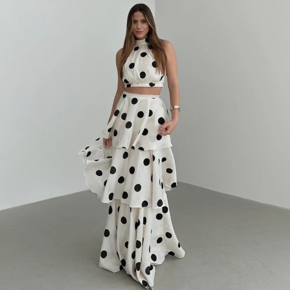 Tuularose Women's 2-Piece Long Sleeveless Polka Dot Dress Set with Ruffle Pleated Skirt Elegant O-Neck Top Sexy Ankle-Length Party Dress