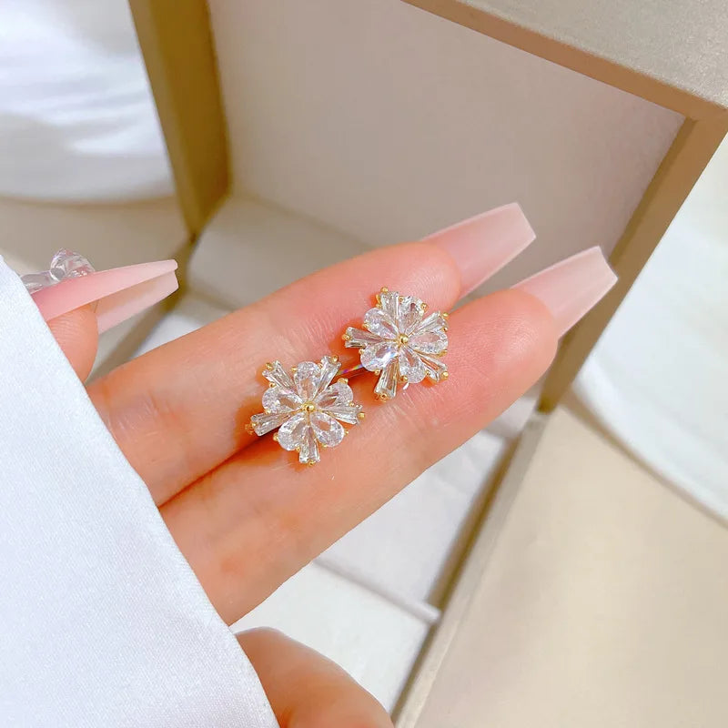 DIEYURO 316L Stainless Steel Lovely White Crystal Flower Charm Necklace Earrings For Women Girl New Trendy Jewelry Set Gift