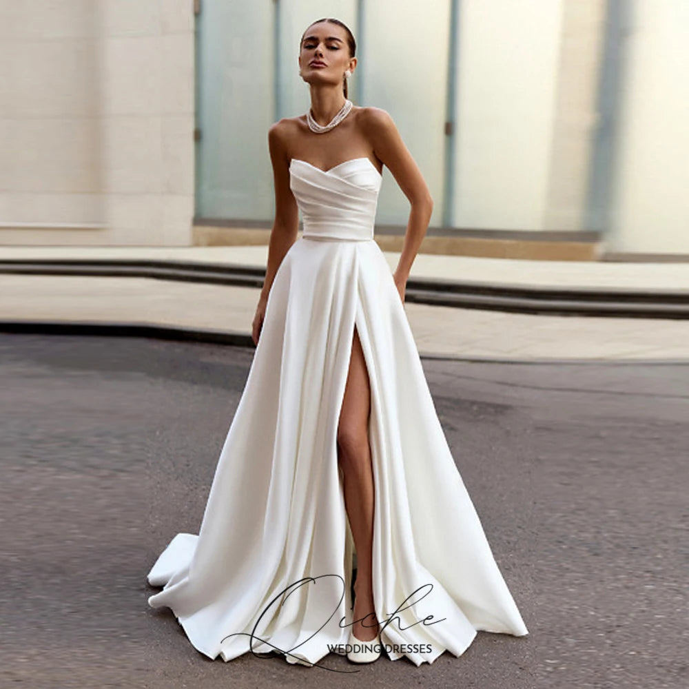 QICHE Strapless Satin Simple Wedding Dresses Side High Slit Corset Back Bridal Gown Customized A Line Minimalist Wedding Gown