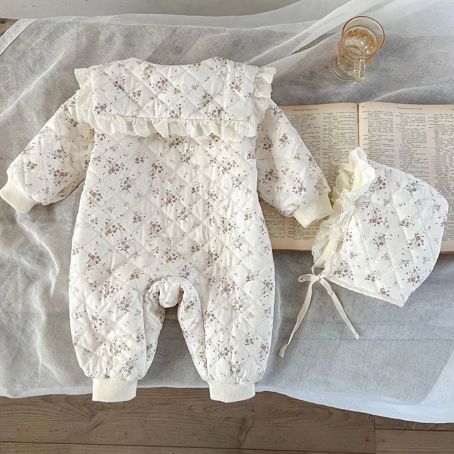 2psc Winter Newborn Infant Baby Girls Flower Romper + Hat Lapel Thickening Rompers Kids Onepiece Fashion Baby Clothing