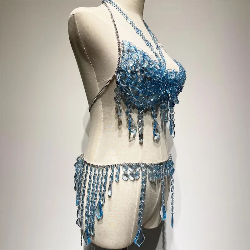 Luxury Blue Beaded Bikini Music Rave Party Body Chain Jewelry Bridal Wedding Accessories Fringe Crystal Mermaid Bra Top & Skirt