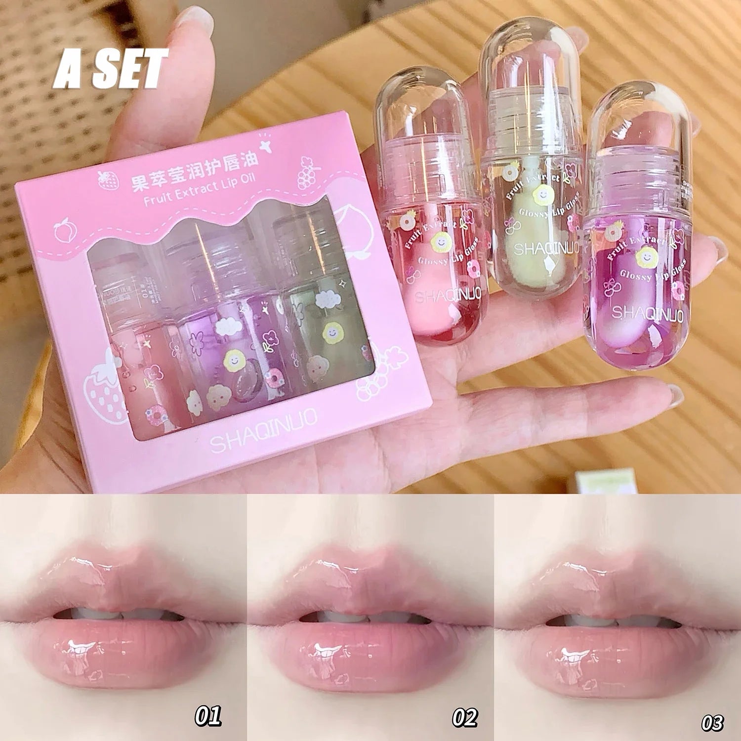 1/3Pcs Fruit Lip Oil Set Transparent Jelly Mirror Water Lip Gloss Nourishing Moisturising Anti-Dry Lips Plumping Makeup Lip Care