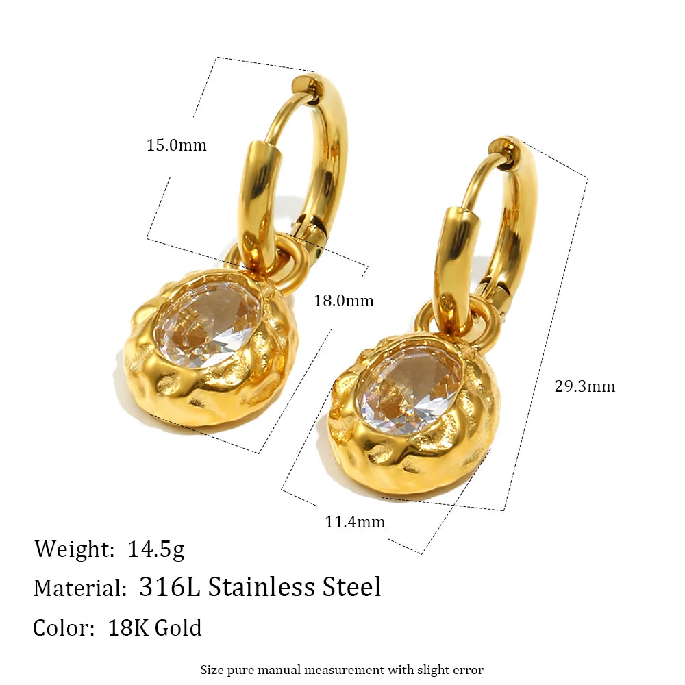 E.B.belle Colorful Zircon Stone Hoop Earring Hammered Pattern Oval Earrings Stainless Steel Gold Plated For Women's Gift