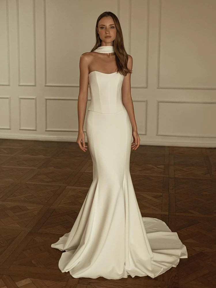 Verngo lvory Crepe Wedding Dress Strapless Mermaid Bride Gowns Sweap Train Formal Elegant Prom Bridal Gown vestidos de novia