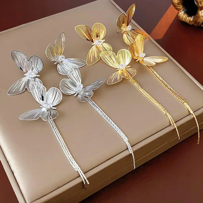 FTCY Exaggerated Butterfly Tassel Earrings for Women Vintage Gold Color Metal Hollow Drop Earrings Women's Jewelry Gifts