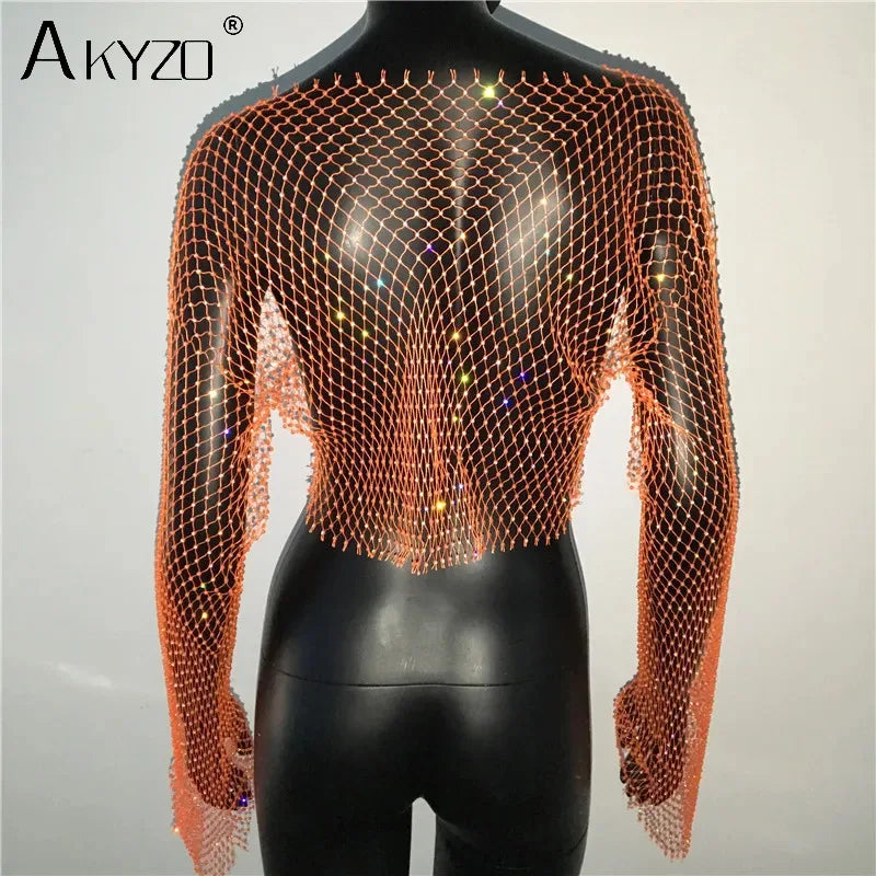 Autumn Women Sexy See Through Fishnet T Shirt Glitter Rhinestone Hollow Mesh Long Sleeve Crop Tops Nightclub Party Festival Top