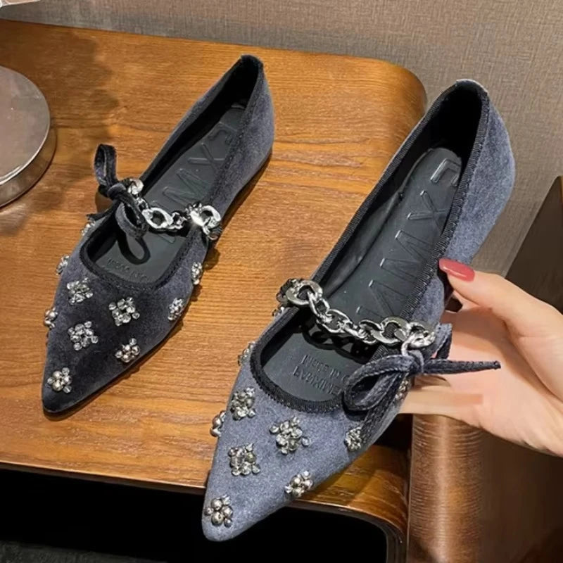 Metal Chain Design Pointed Toe Ballet Shoes Women Luxury Rhinestone Decoration Flats Mary Jane Shoes Fashion Banquet Dress Shoes
